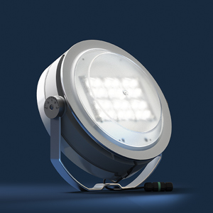 The catalog includes a section on floodlights, featuring the Aire® family, Orión, and the E Series.