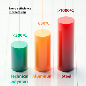 Polymeric materials are processed at much lower temperatures than aluminum or steel, resulting in significant energy savings.